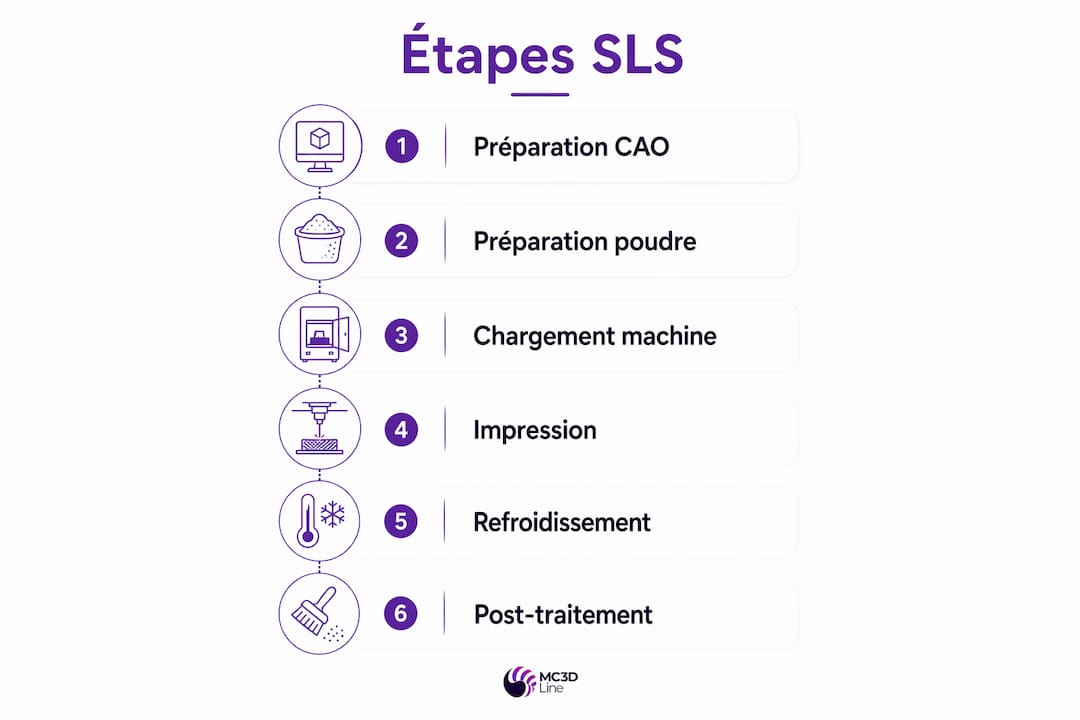 Visuel présentant les principales étapes du processus SLS