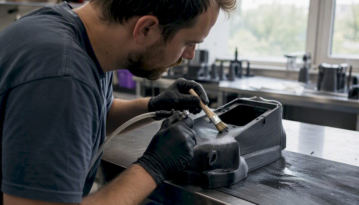 Un technicien en train de lisser une pièce imprimée en 3D avec de l'ABS grâce à la vapeur d'acétone.