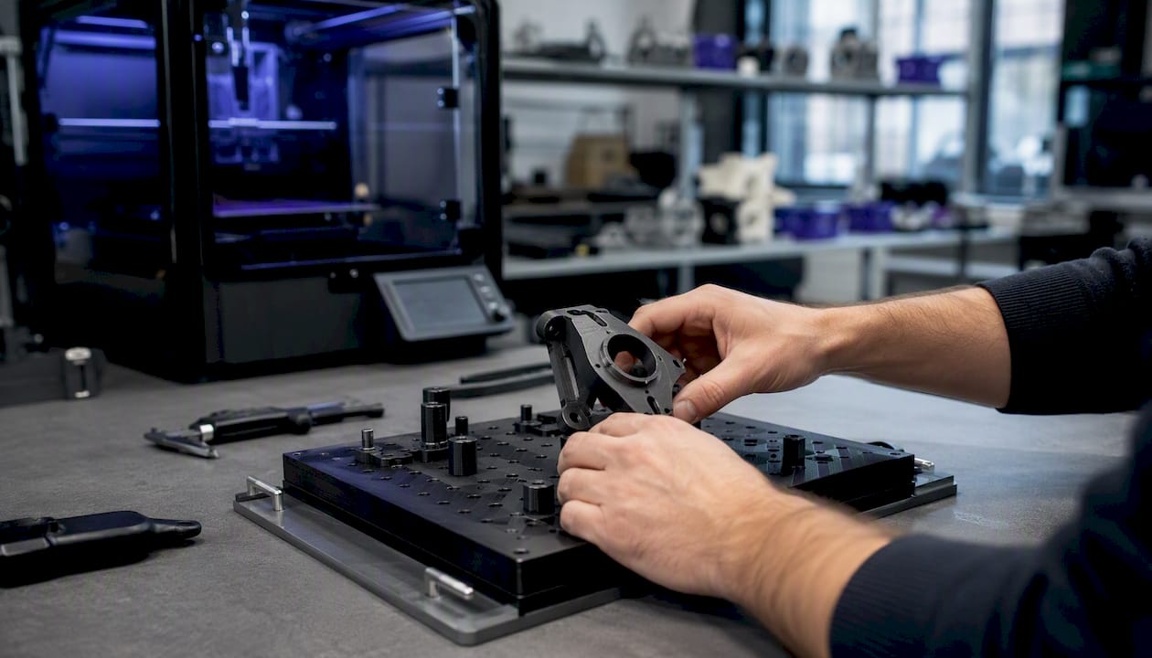 Des mains ajustent la position d’une pièce imprimée en 3D sur le plateau de fabrication.