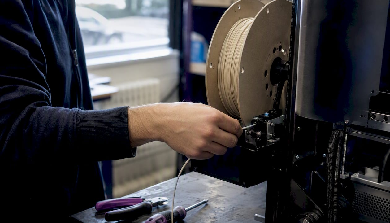 On voit des mains en train de charger un filament haute température dans une imprimante 3D FDM.