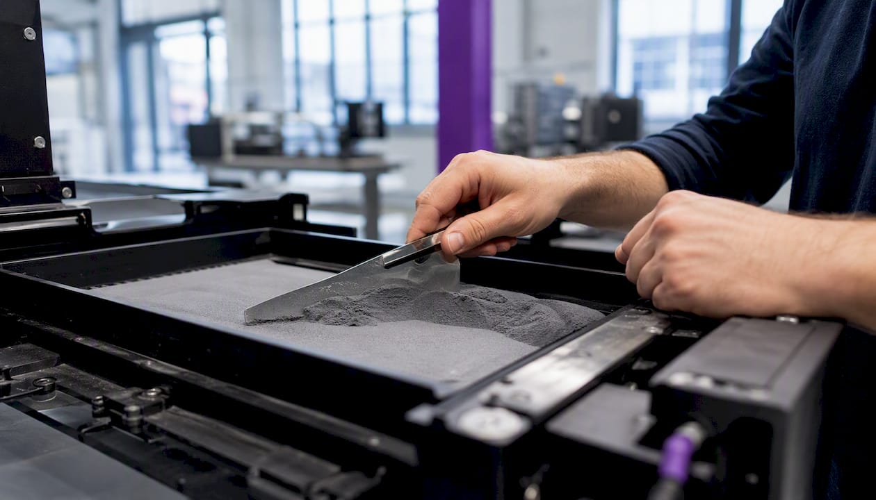 Des mains s'activent pour préparer le lit de poudre, étape essentielle avant l'impression 3D dans un environnement industriel.