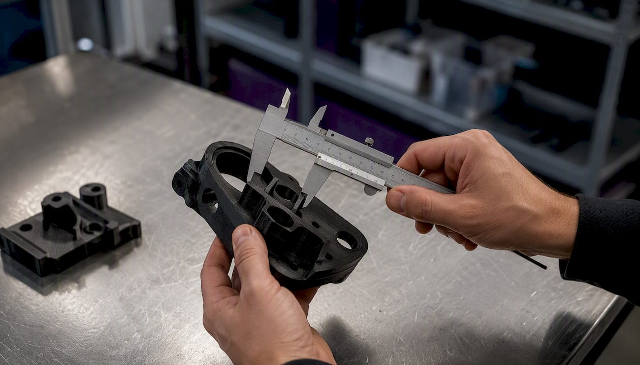 Des mains vérifient les dimensions d'une pièce imprimée en 3D pour garantir sa conformité aux normes de qualité.