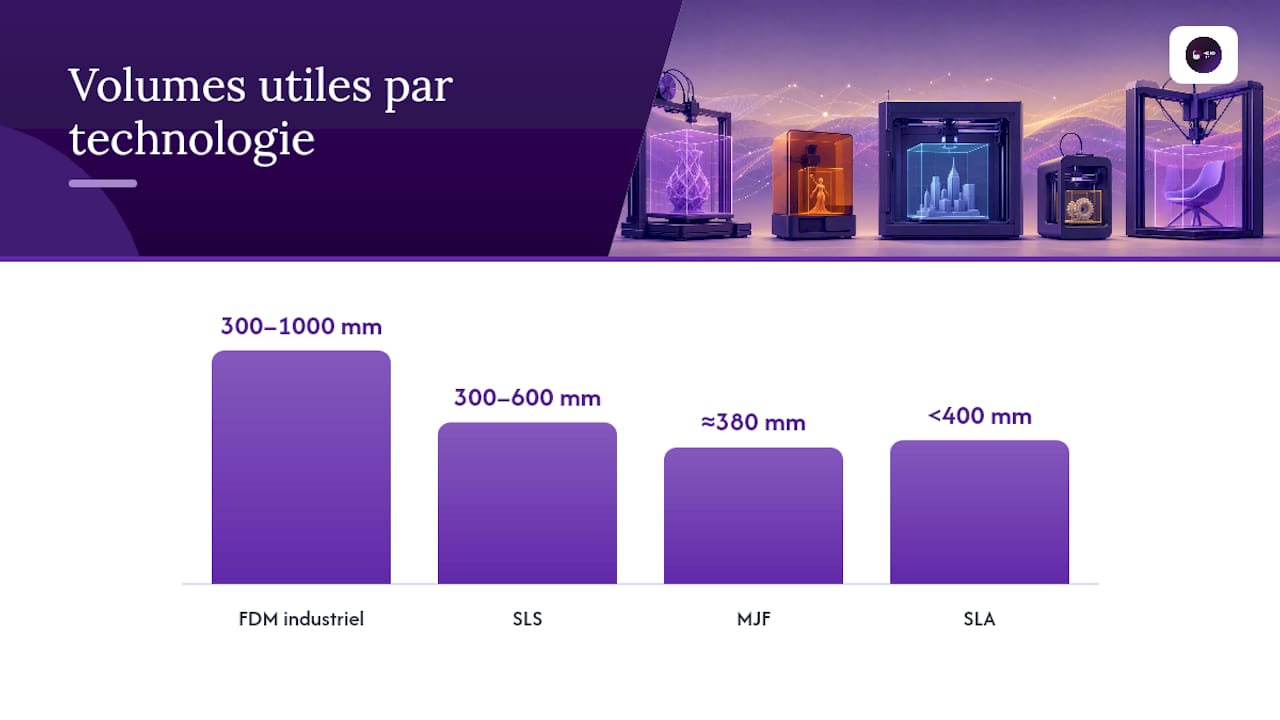 Schéma comparatif des volumes de construction selon la technologie d'impression 3D