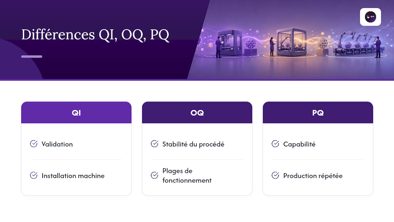 Schéma comparant les étapes de qualification QI, OQ et PQ