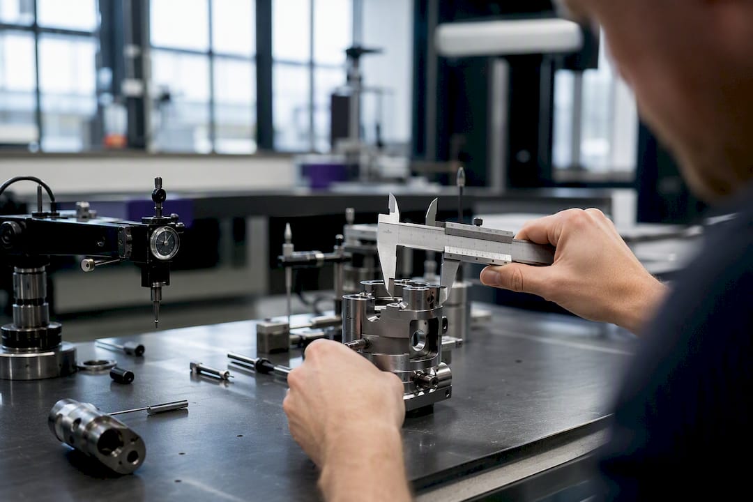 Ingénieur vérifiant l'assemblage mécanique d'un dispositif médical