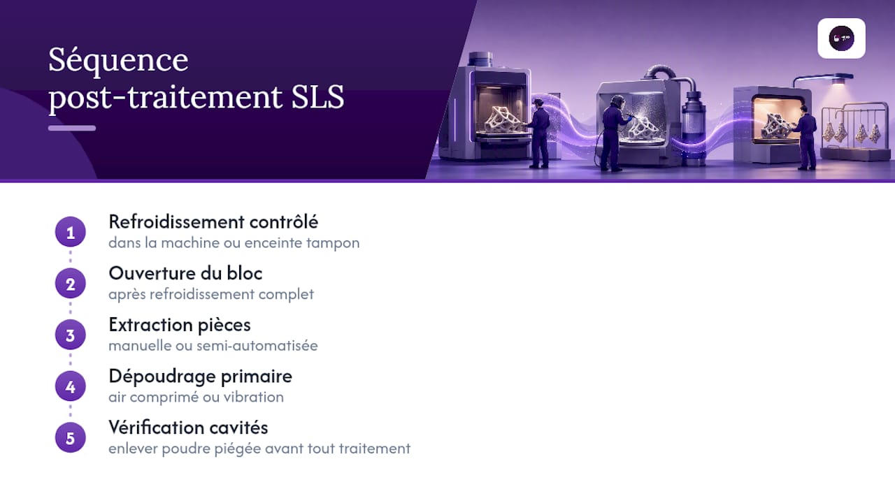 Les quatre étapes du dépoudrage SLS