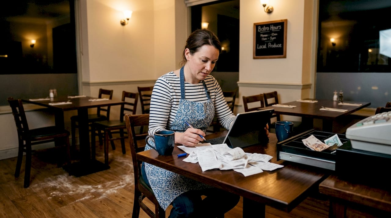 Restaurant owner doing monthly bookkeeping at table