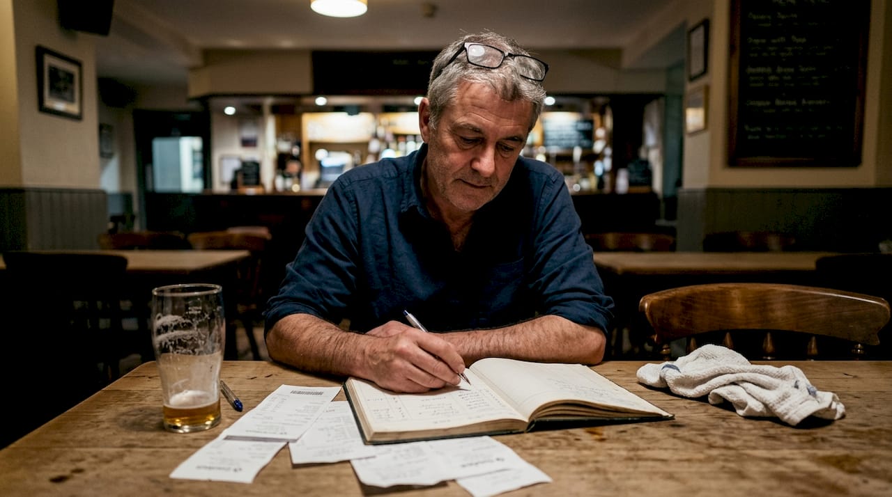 Pub manager checking invoices at table