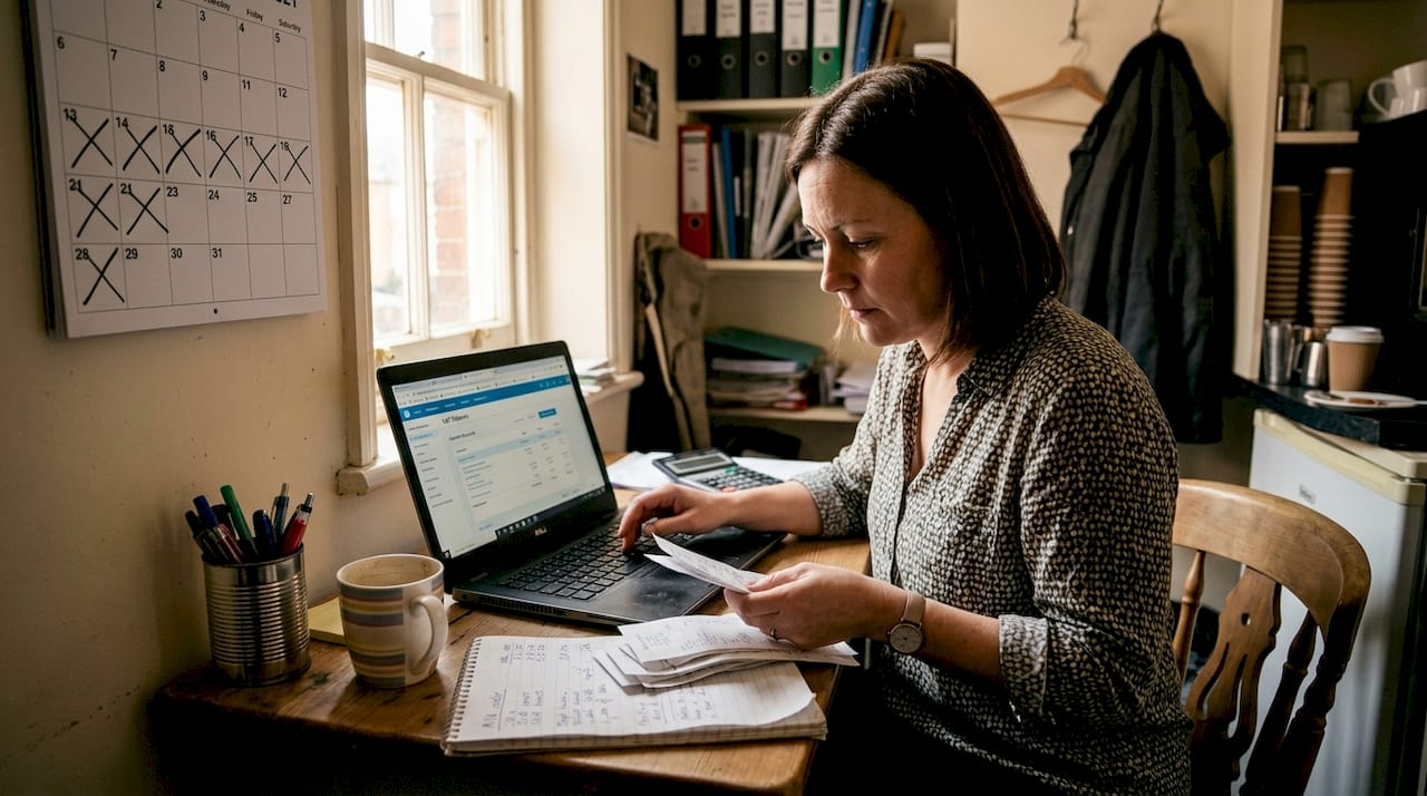 Café owner doing bookkeeping at cluttered desk
