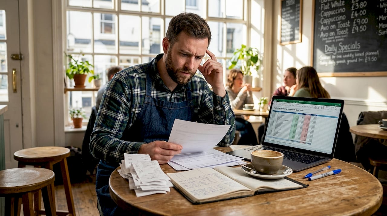 Cafe owner sorting receipts for bookkeeping