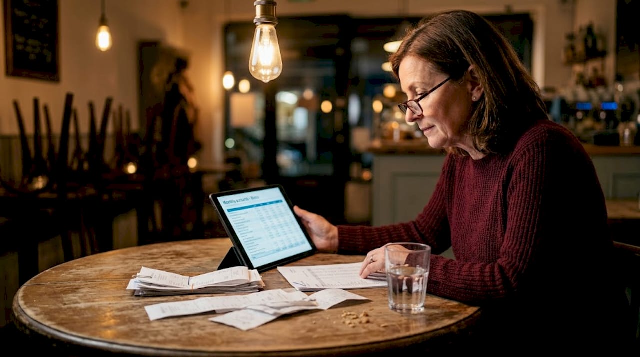 Owner reviewing compliance paperwork at bistro