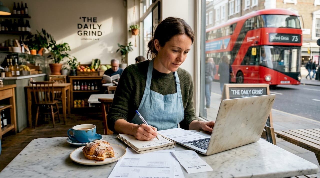 Café manager using laptop for bookkeeping