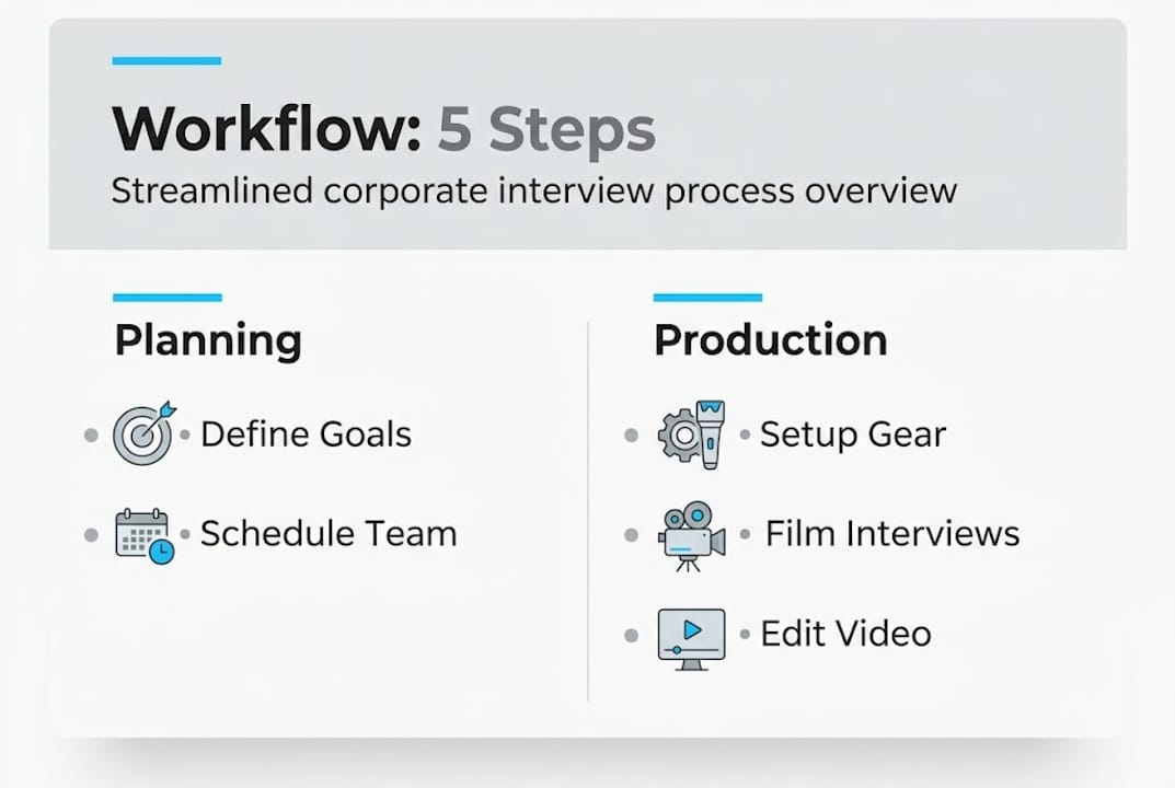 Streamline Your Corporate Interview Filming Workflow: 5 Steps 2 Infographic with five corporate interview workflow steps