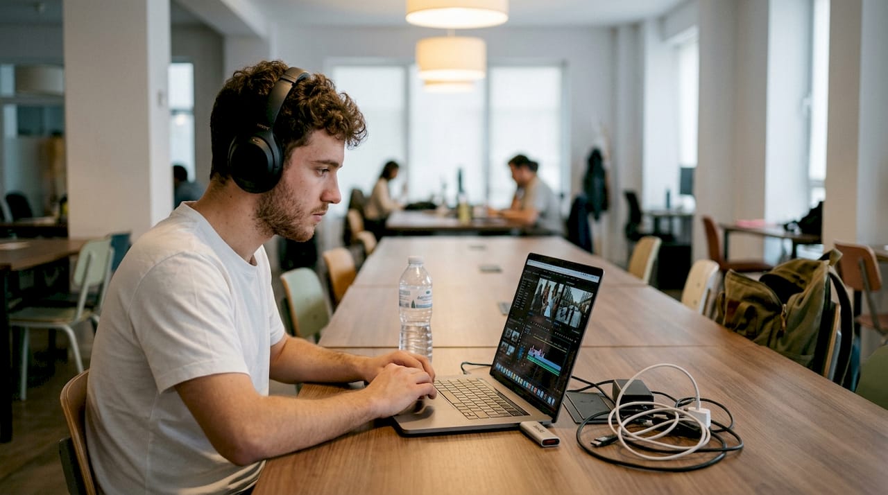 Domina el proceso de campañas audiovisuales efectivas 1 Editor revisando un video mientras trabaja en una mesa compartida