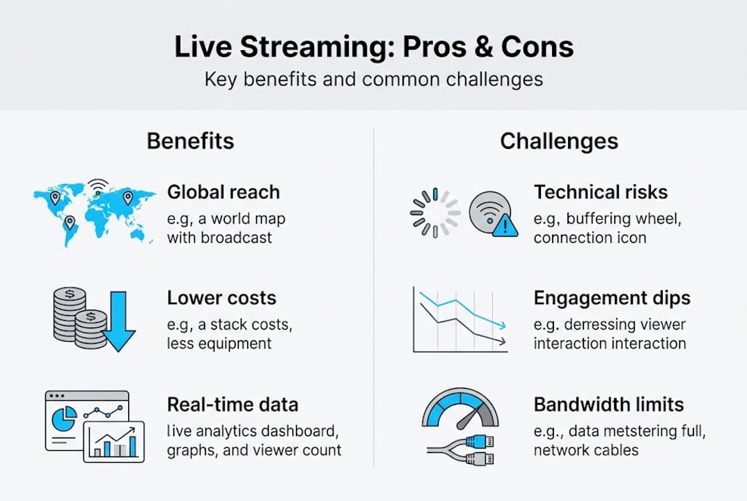 Live Event Streaming: Engage And Expand Your Audience 2 Infographic of live streaming benefits and challenges