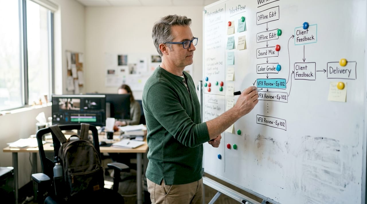 Team lead updating production workflow whiteboard