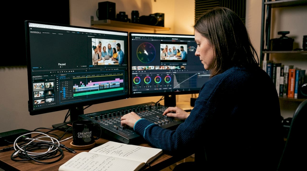 Video editor adjusting brand video timeline