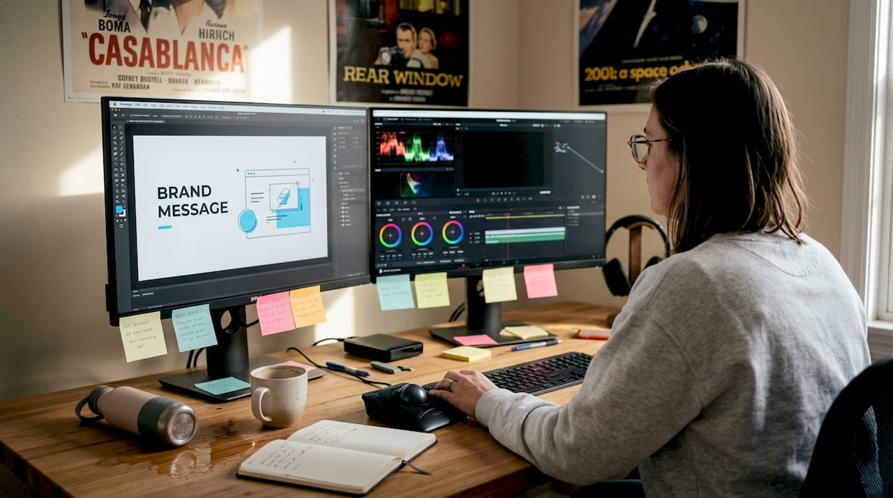 Editor analyzing explainer video timeline at desk