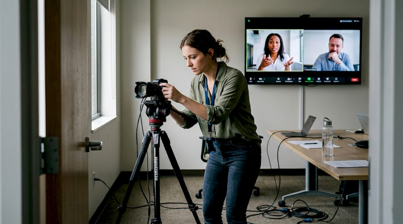 Technician adjusts camera with remote team video call