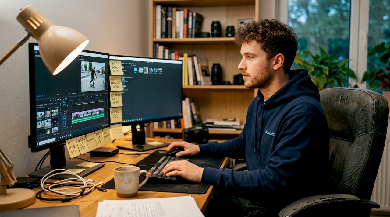 Video editor working at home office desk