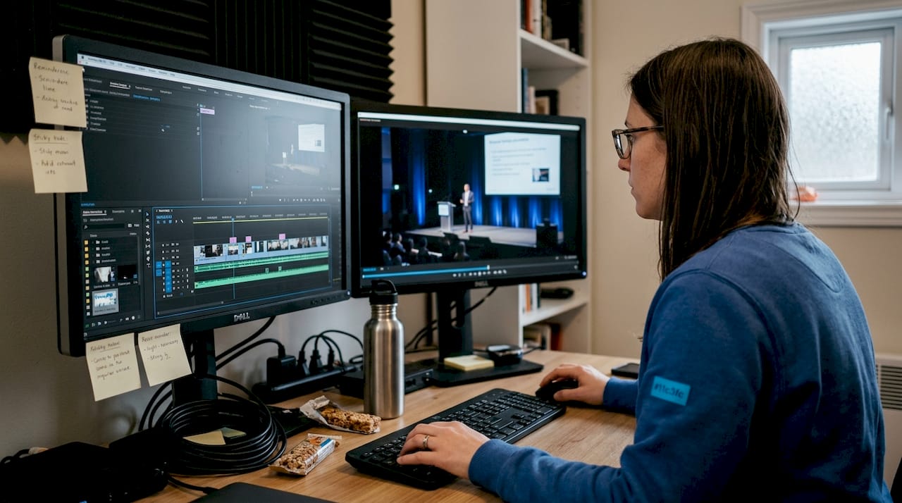 Video editor working on footage timeline