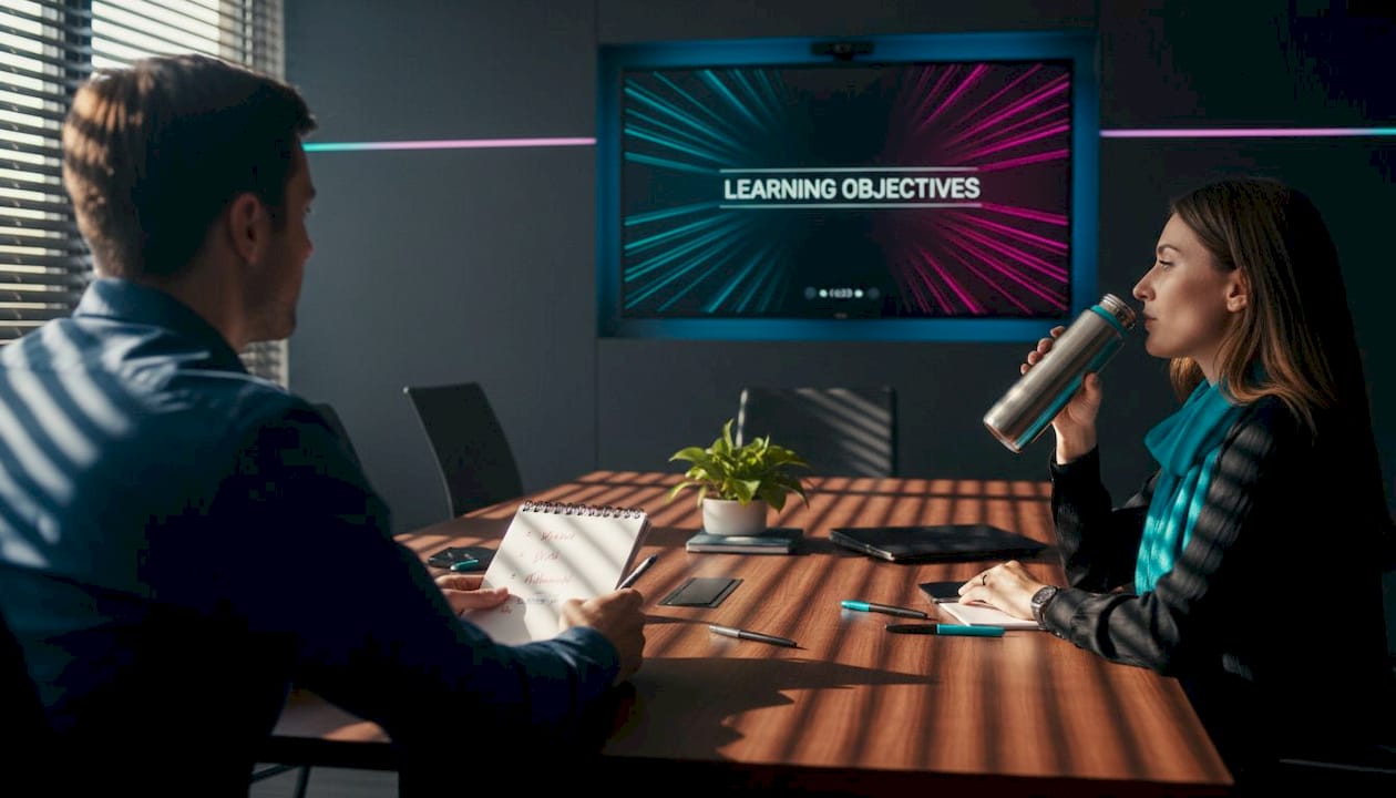 Team reviewing training video in conference room