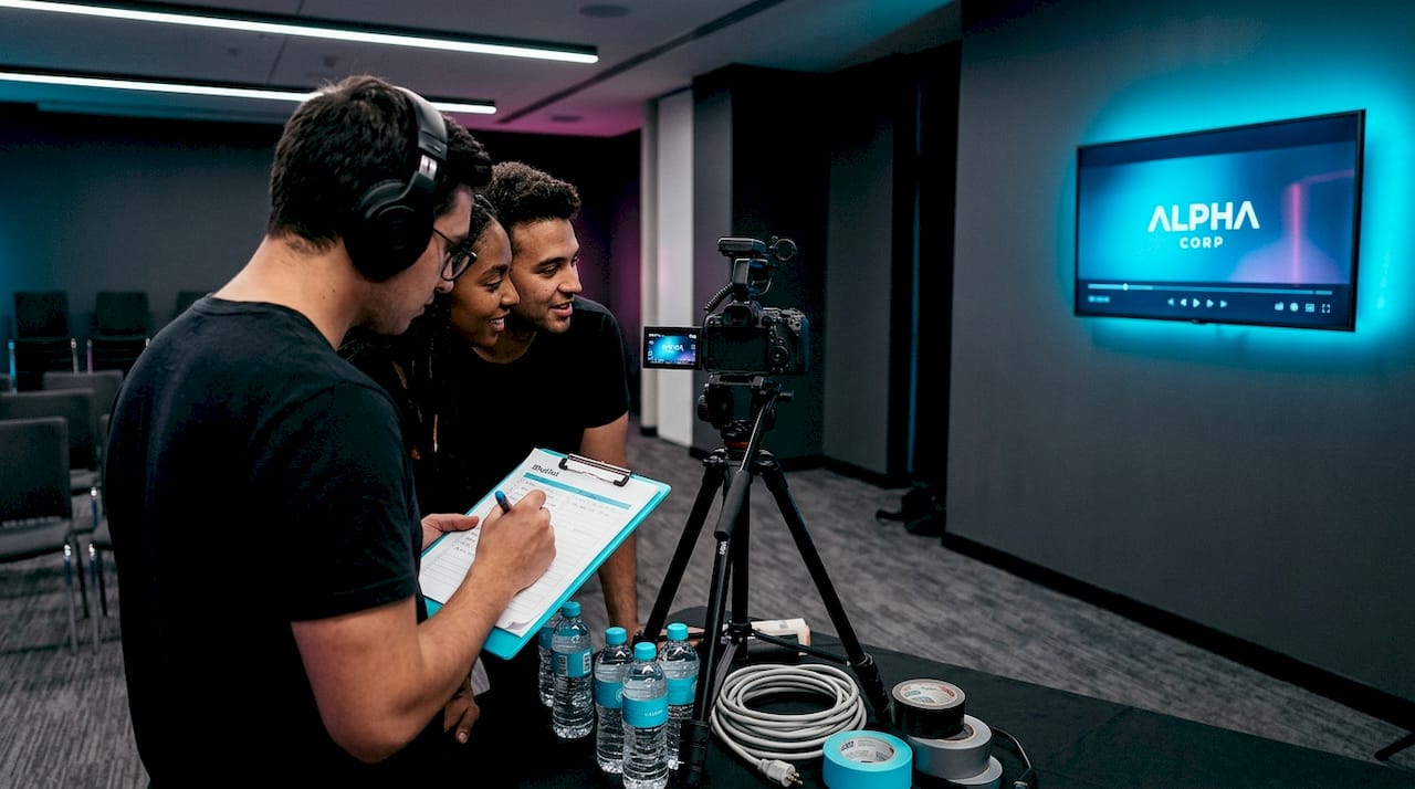 Corporate video team reviewing footage on set