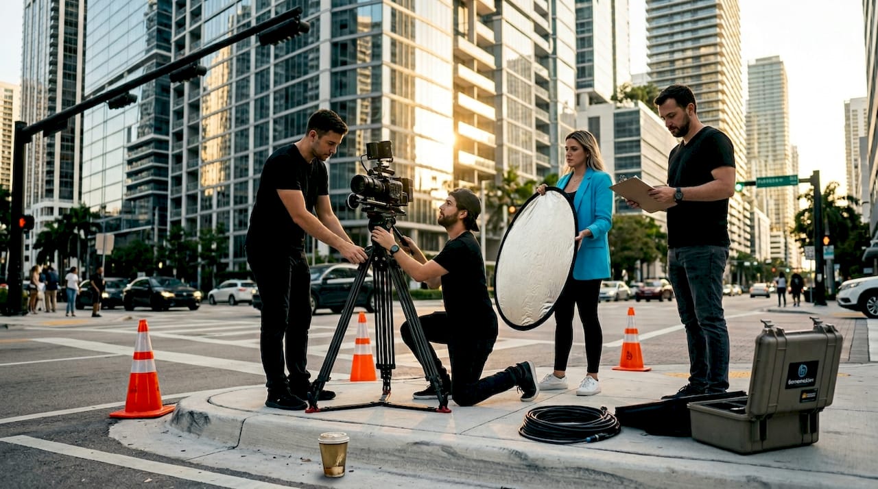 Video crew preparing shoot in downtown Miami