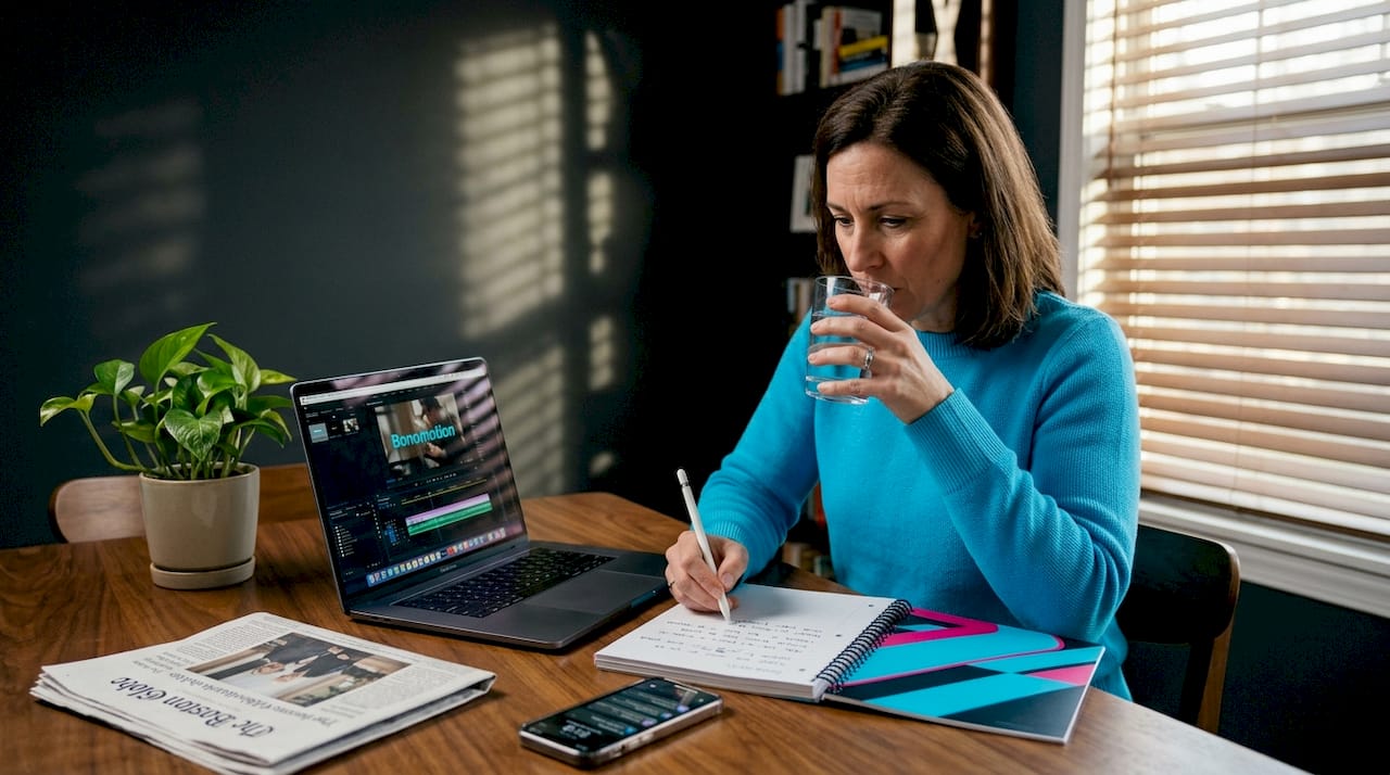 Marketing manager reviews video at home workspace