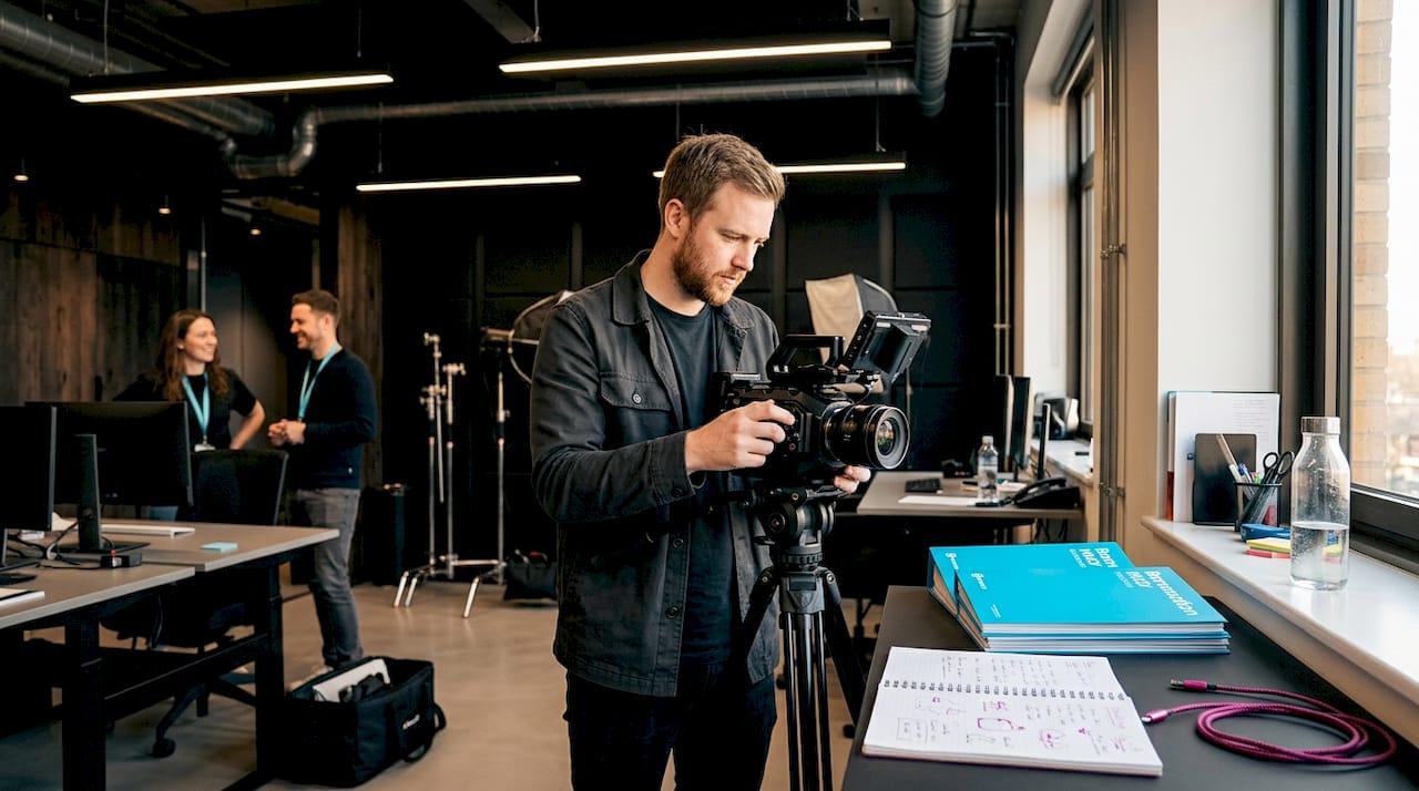 Videographer capturing office team in workspace