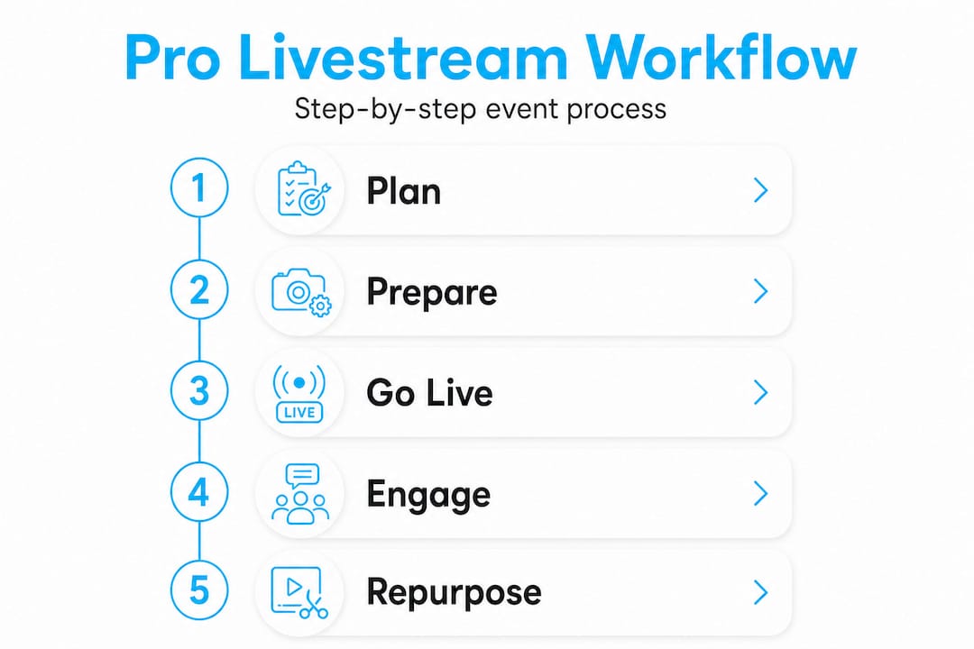 Infographic outlining pro livestream workflow steps