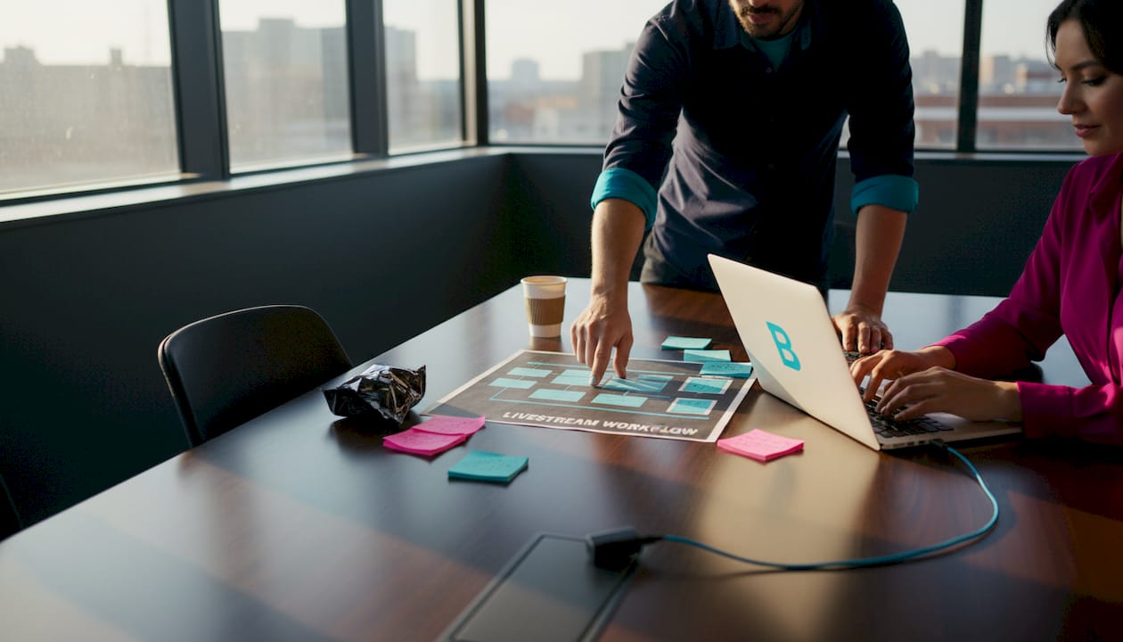 Colleagues planning livestream production workflow