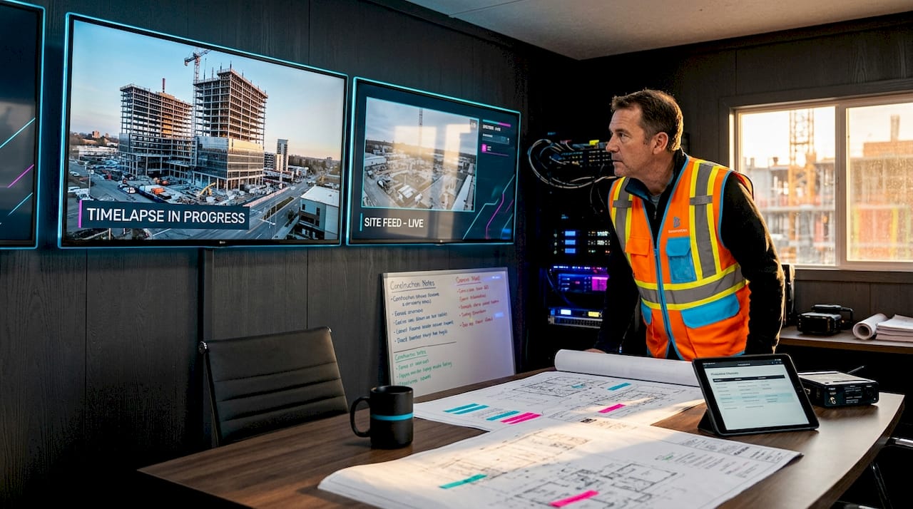 Site foreman reviewing construction video feeds