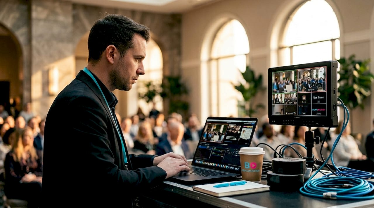 Technician live streams corporate event from ballroom corner
