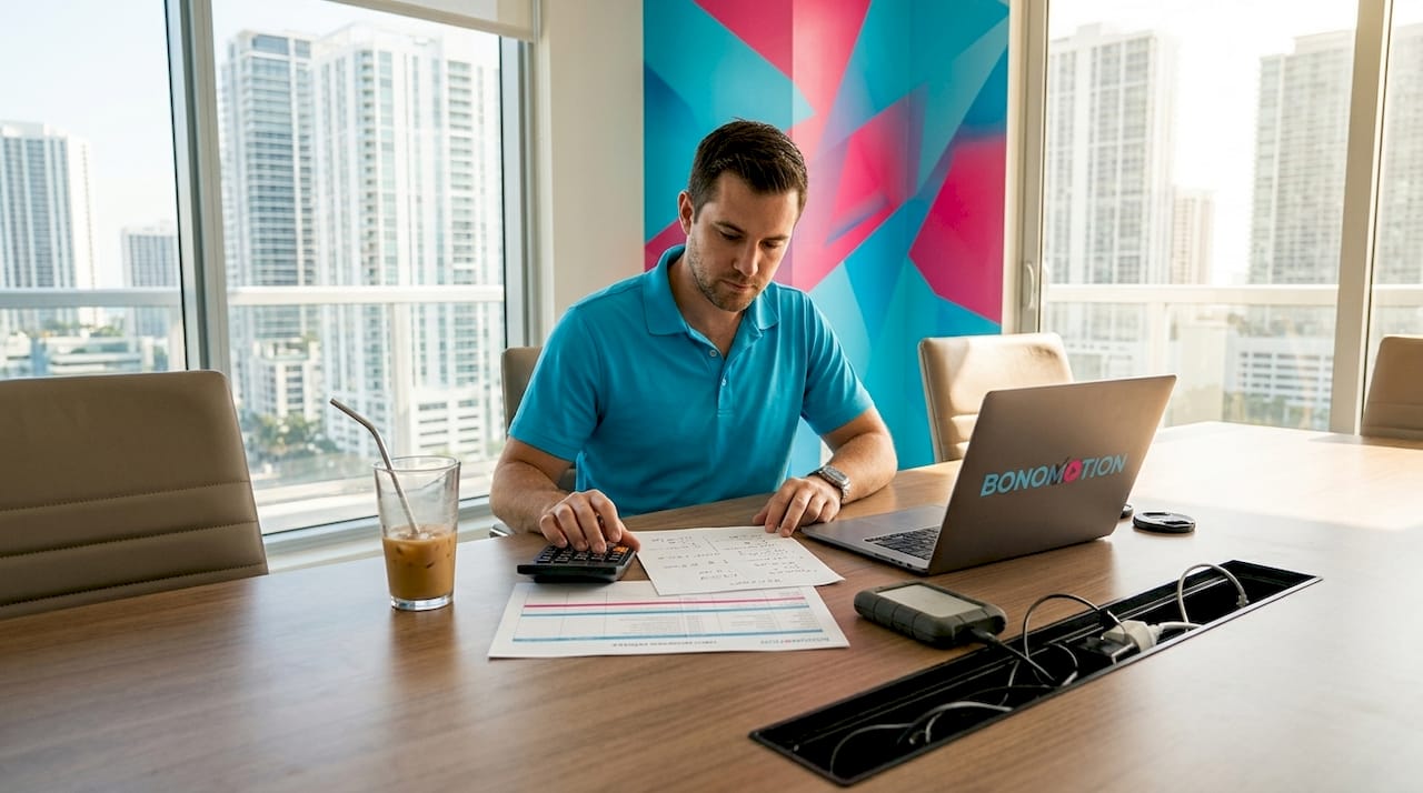 Project manager preparing video budget in Florida office
