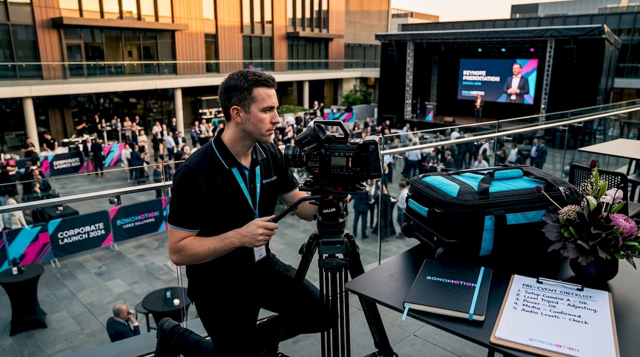 Event videographer preparing 4K camera at conference