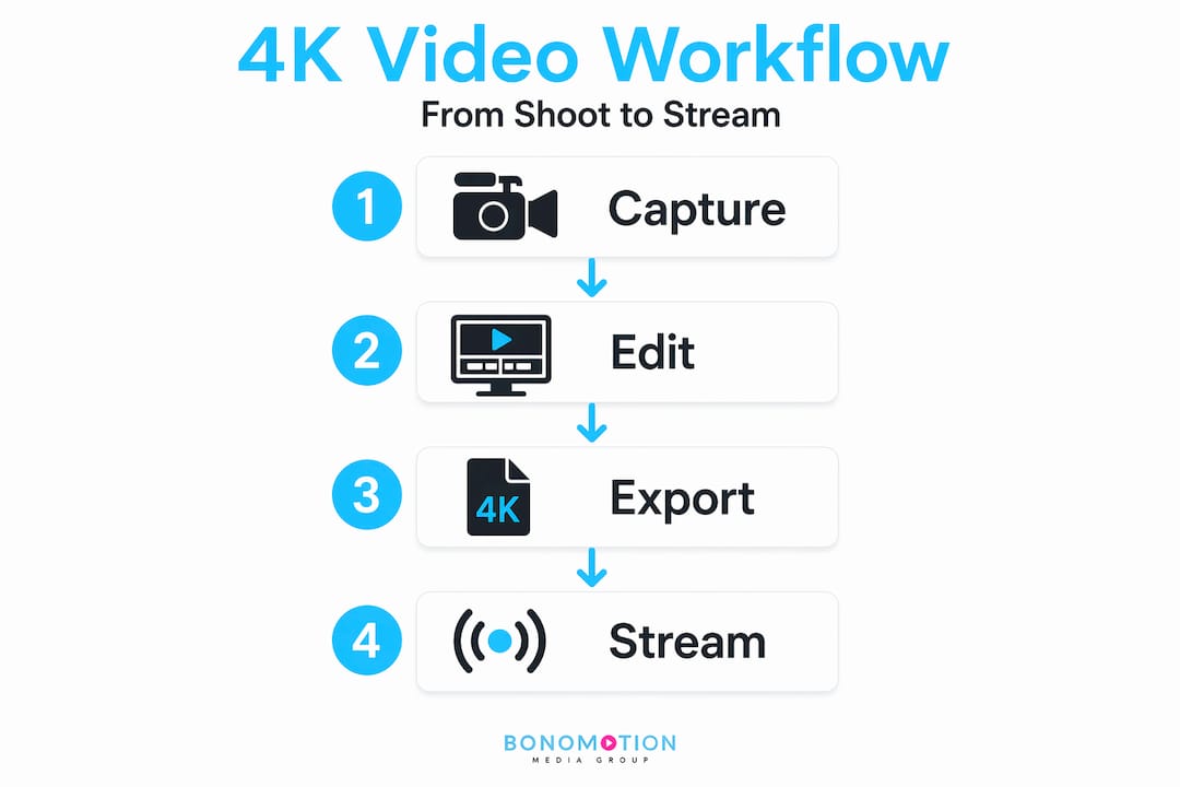 Infographic showing four key steps of 4K video workflow