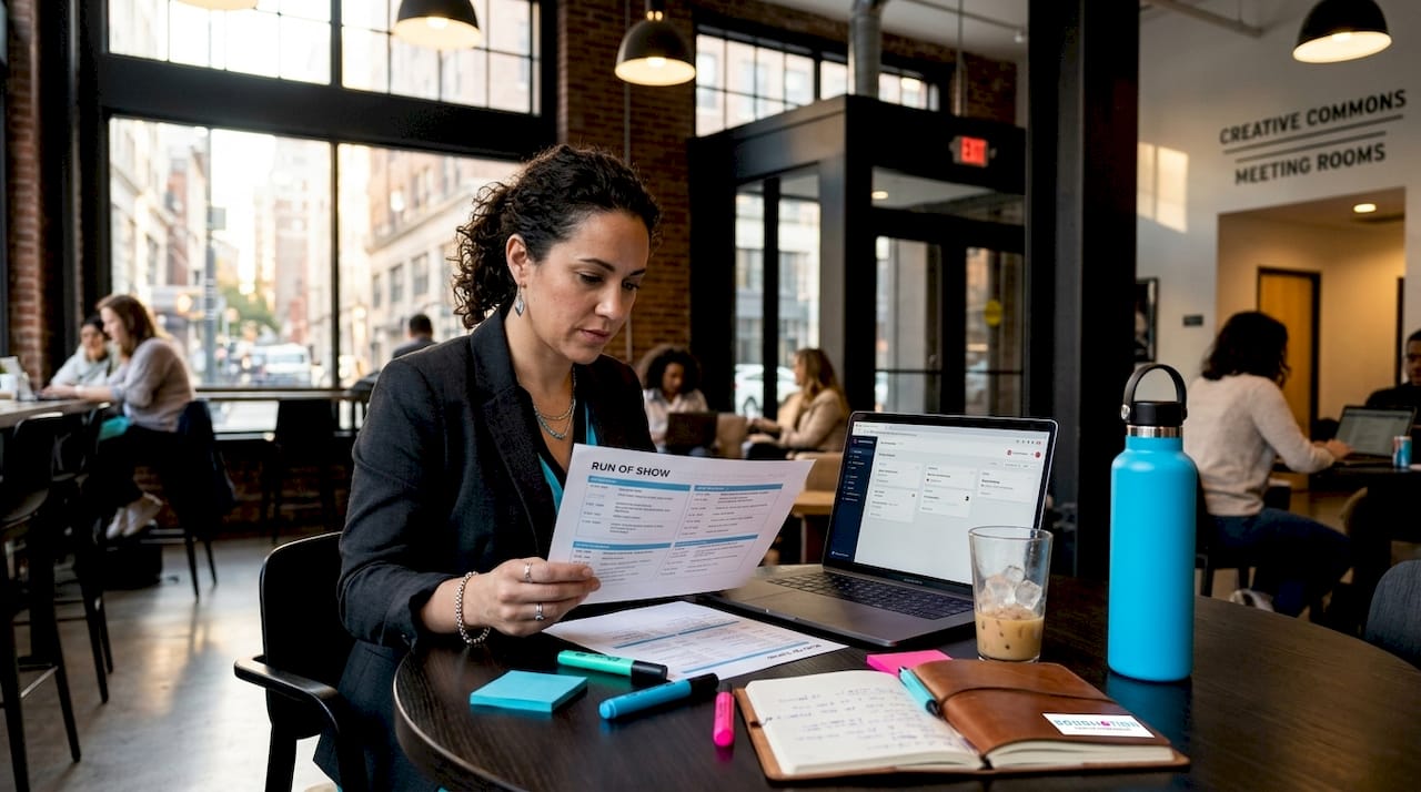 Producer organizes run of show at cluttered desk