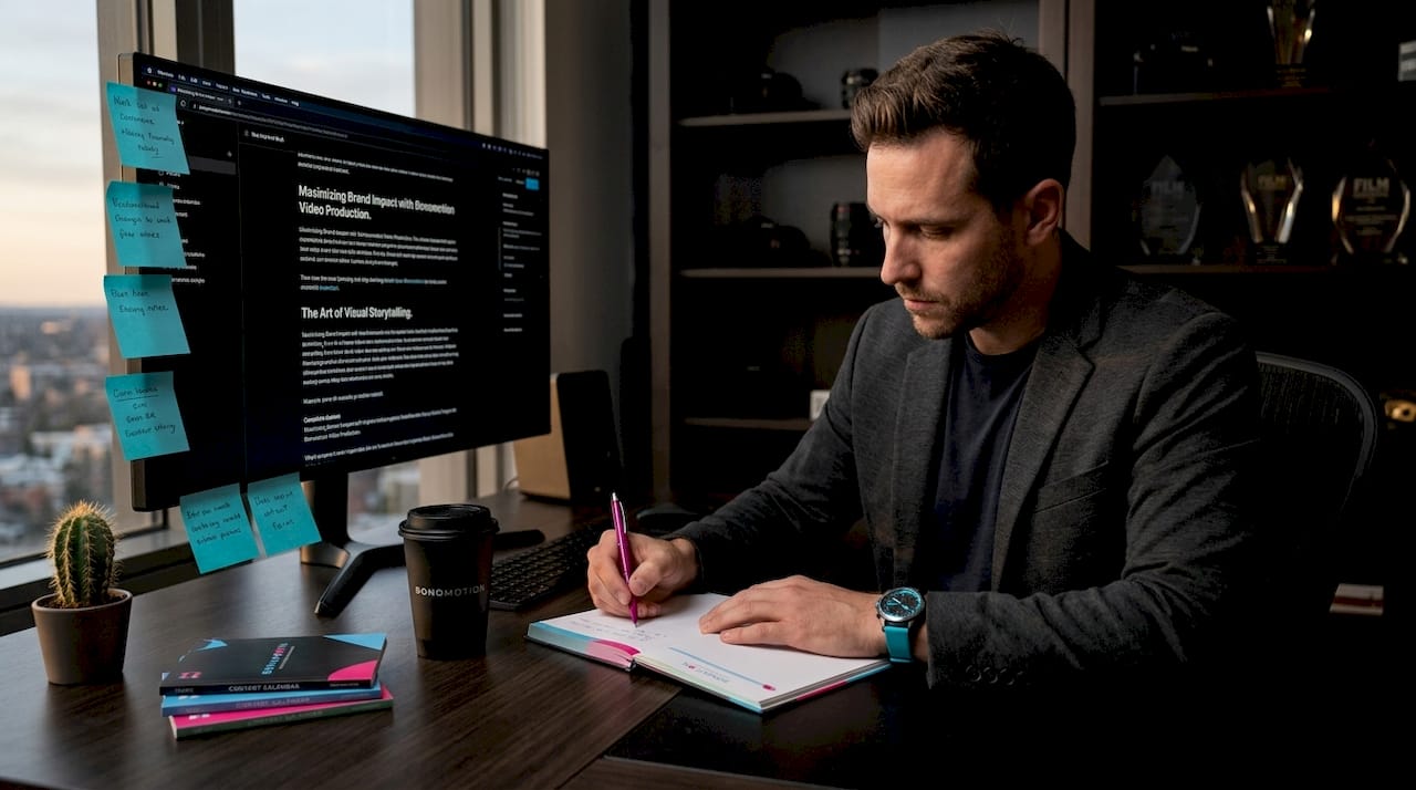 Content creator reviewing business article at sunlight desk