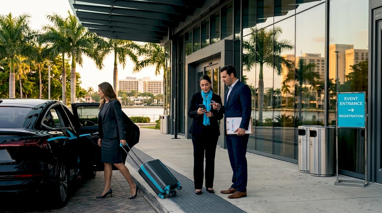Planners and attendees outside convention entrance