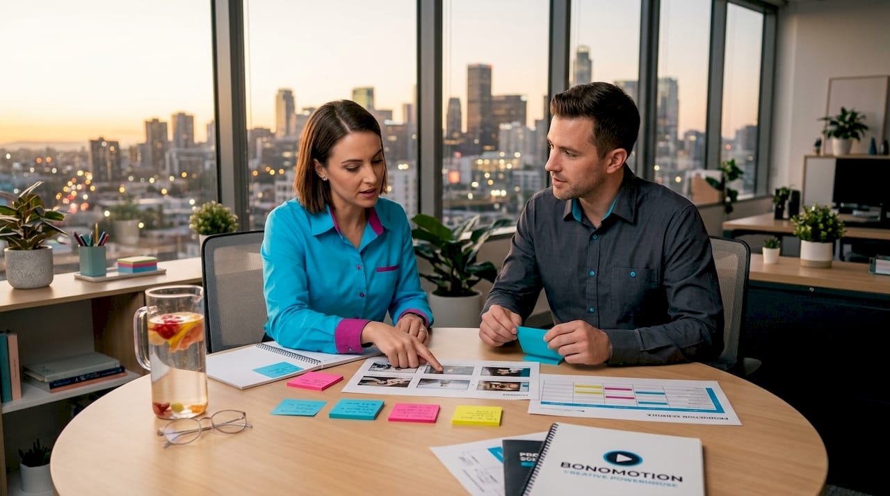 How to Manage a Video Project Like a Pro 1 Team reviews video storyboard and schedule in office