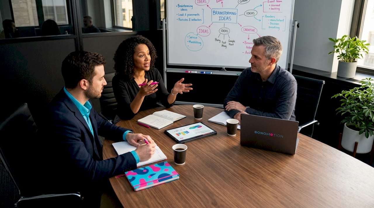 Team members discuss around office table