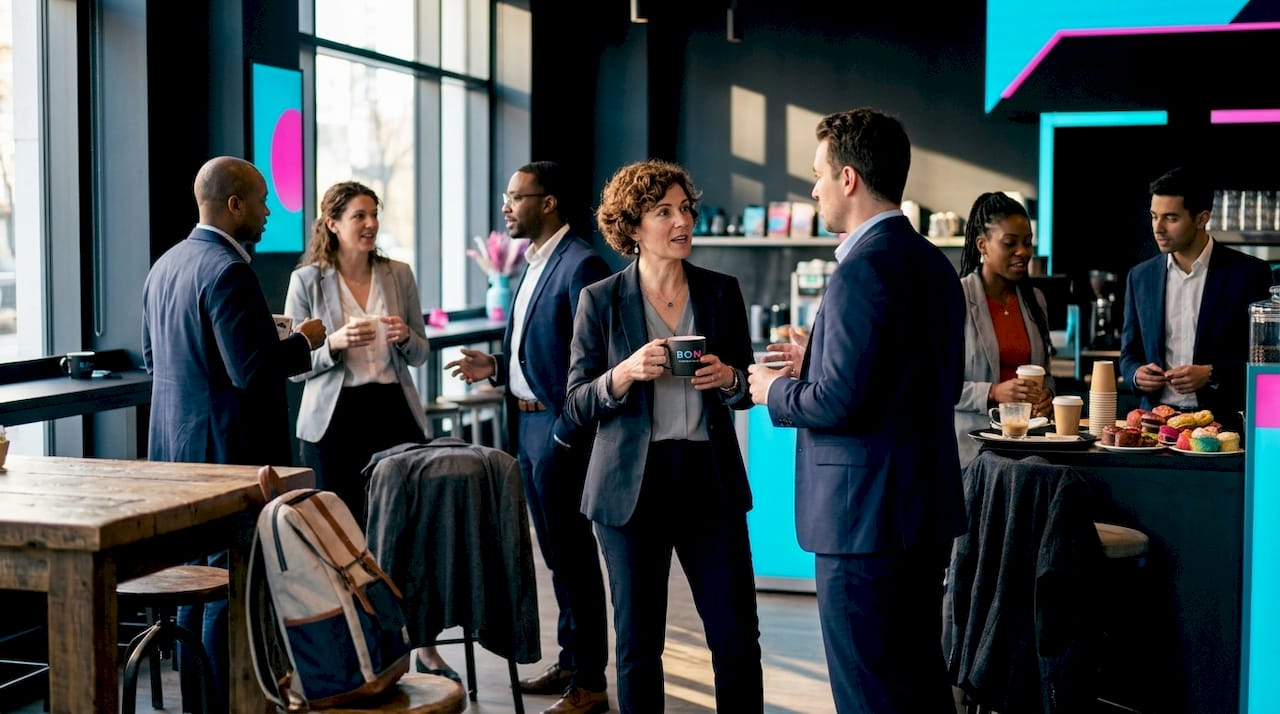 Professionals networking and chatting at event