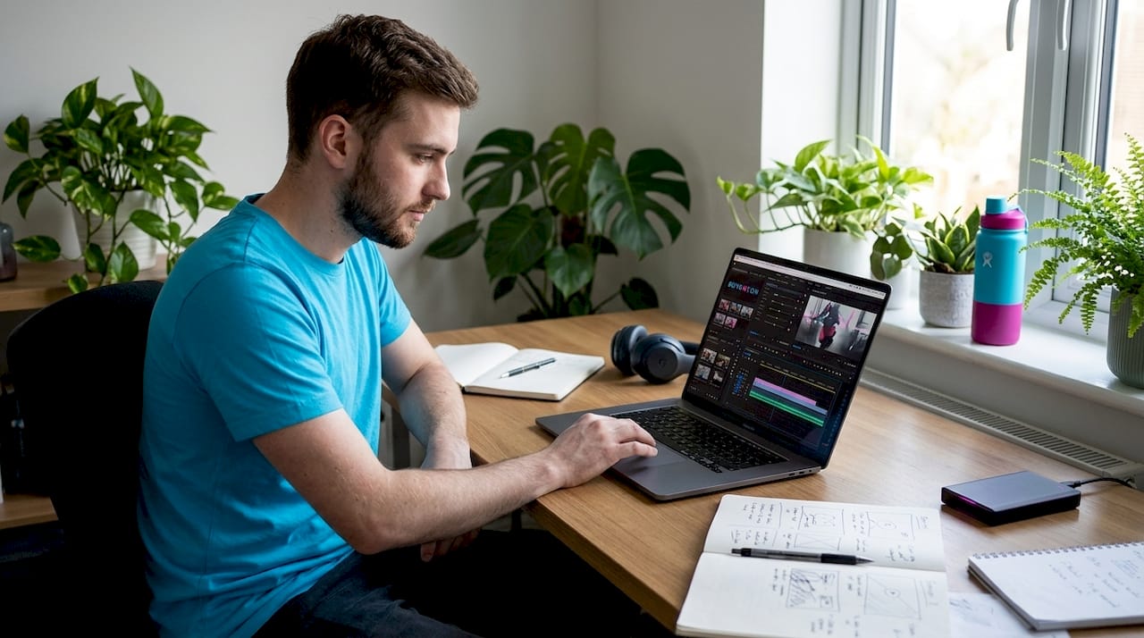 Beginner editing video project in cozy home workspace