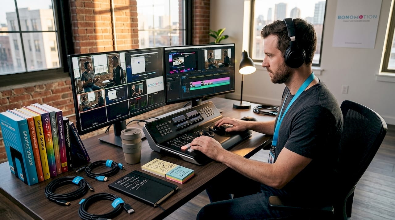 Producer working at virtual event control desk
