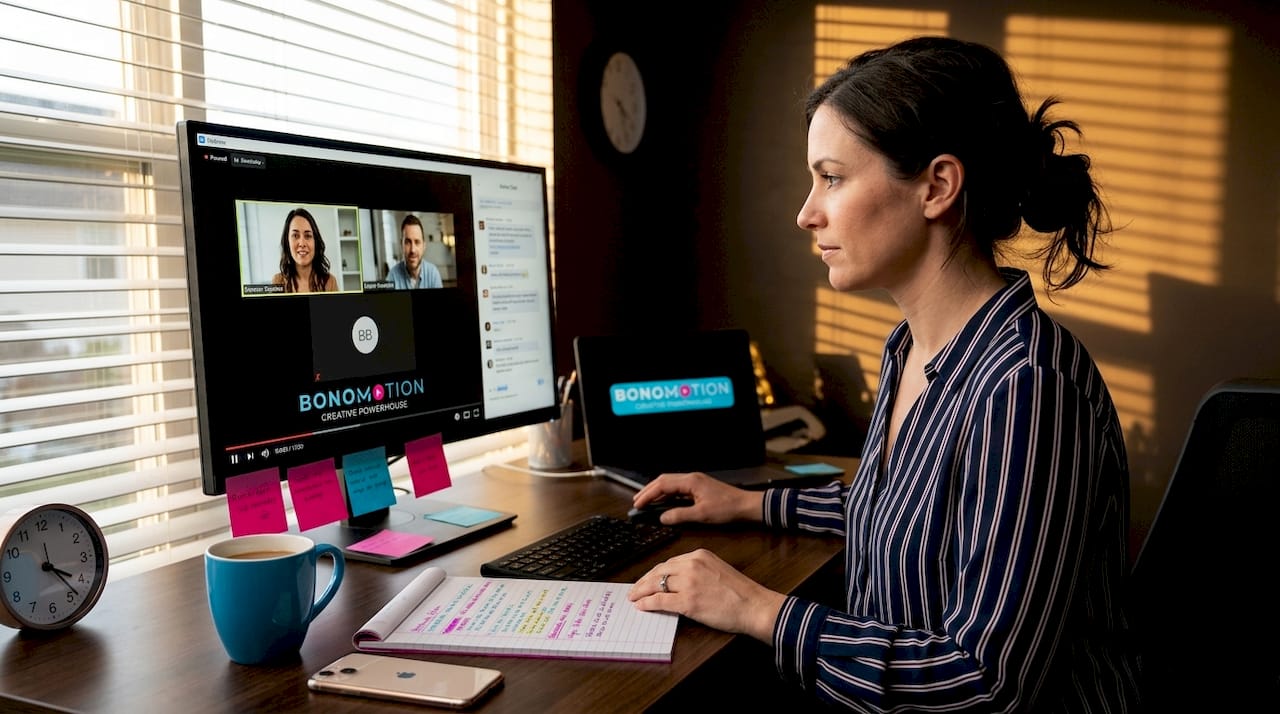 Professional watching webinar at home desk