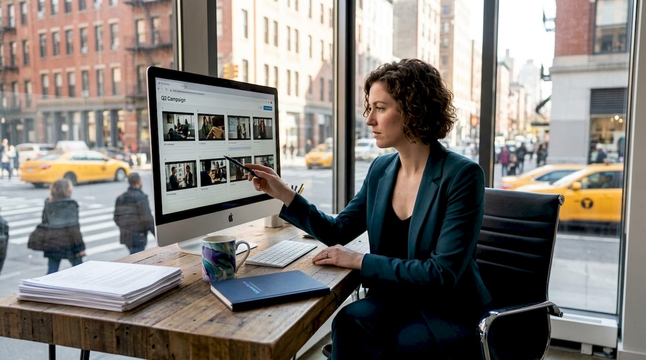 PR professional reviewing video storyboard in home office