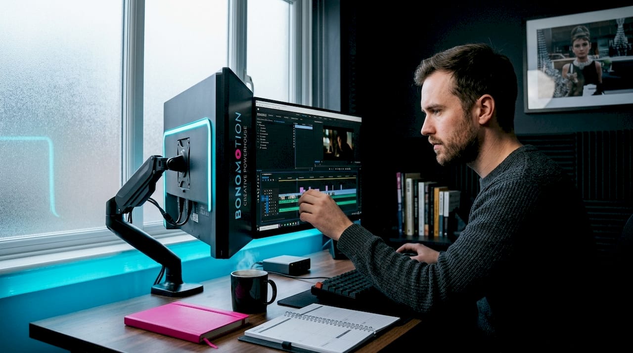 Video editor organizing timeline on dual monitors