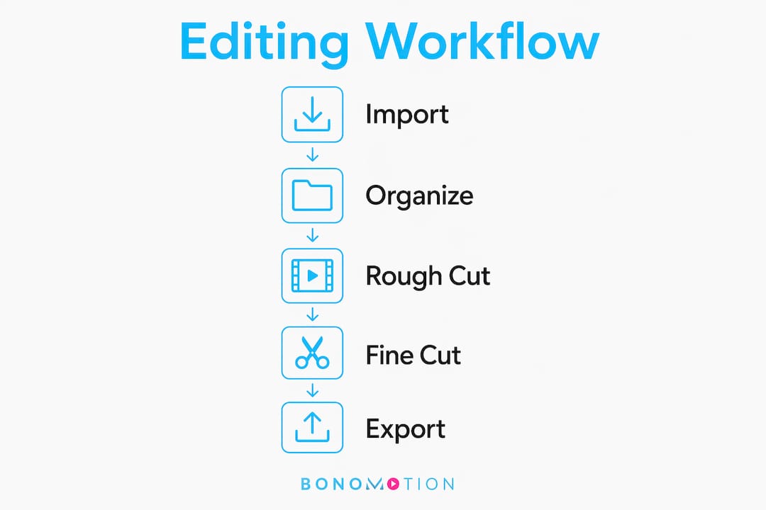 Infographic showing step-by-step video editing workflow