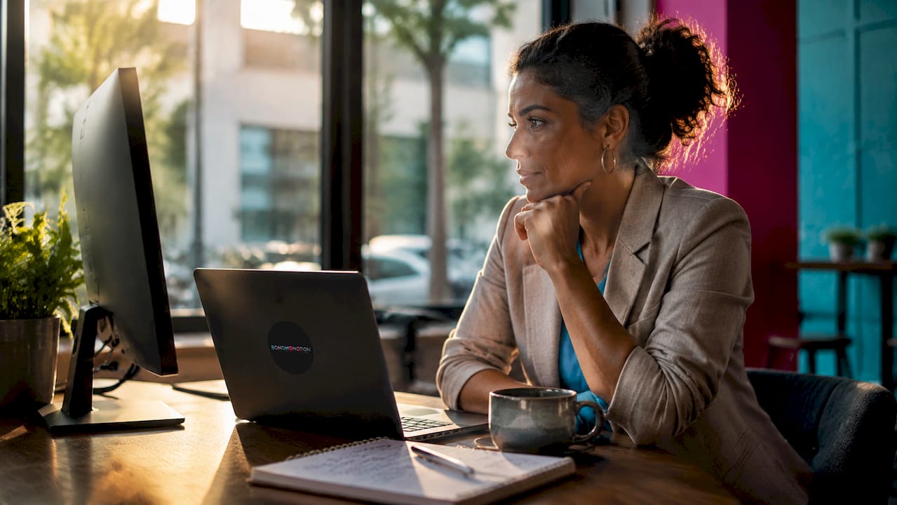 Marketer analyzing event video ROI analytics in office